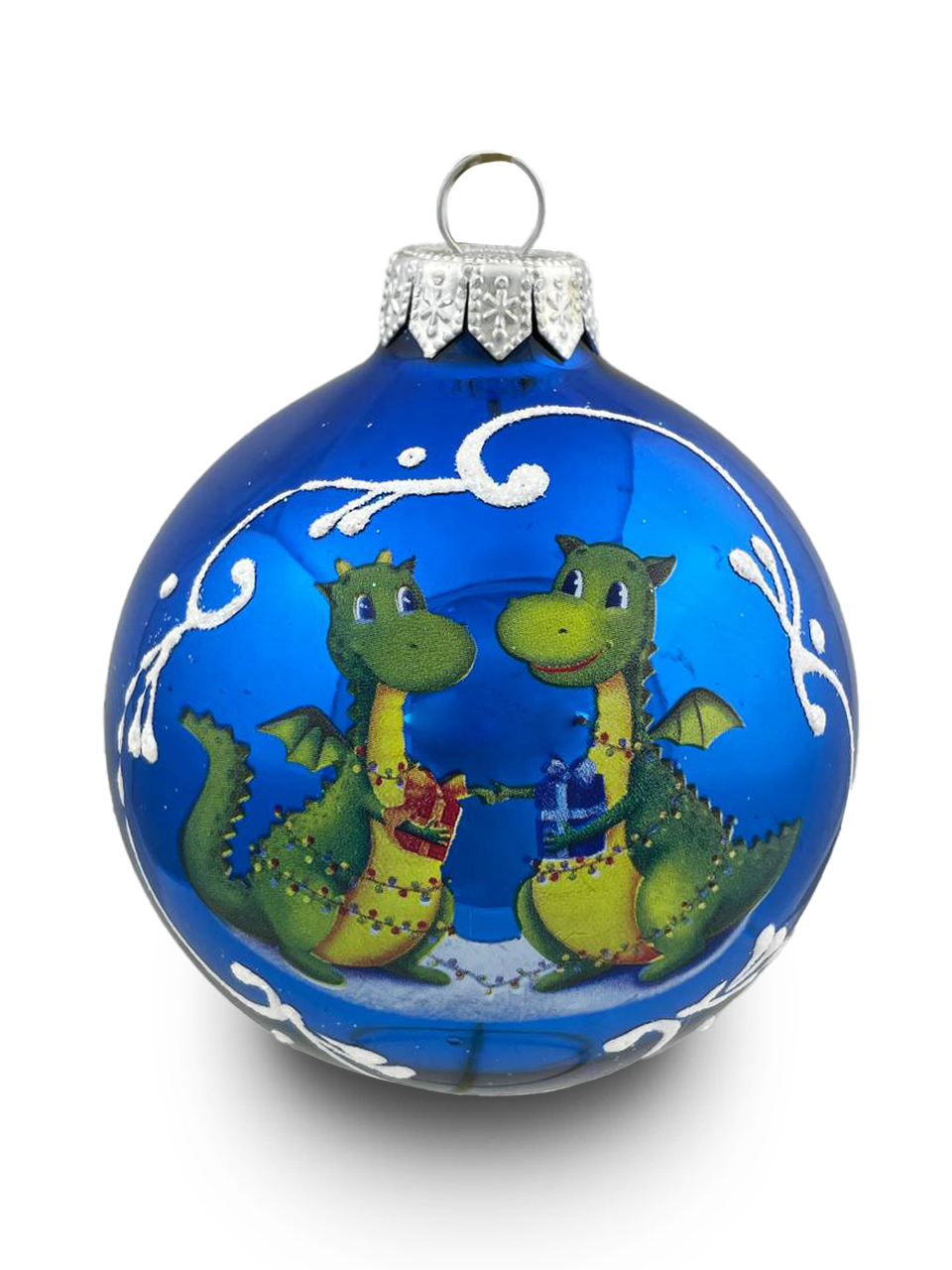 Елочная игрушка шар стеклянный (Символ года 2024) Два дракончика - влюбленная парочка (синий глянец) диаметр 80 мм