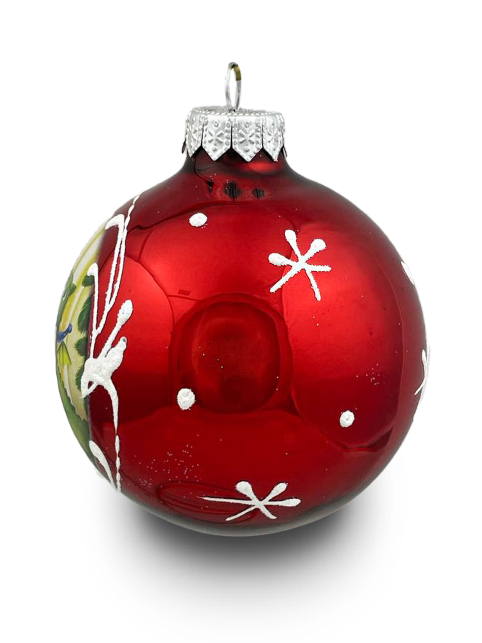 Елочная игрушка шар стеклянный (Символ года 2024) Дед Мороз дарит подарок дракону (красный глянец) диаметр 80 мм