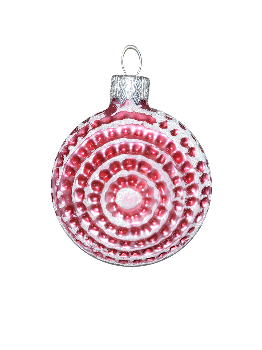 Елочная стеклянная игрушка Подвеска круглая белая с розовым, 7 см, формовая игрушка
