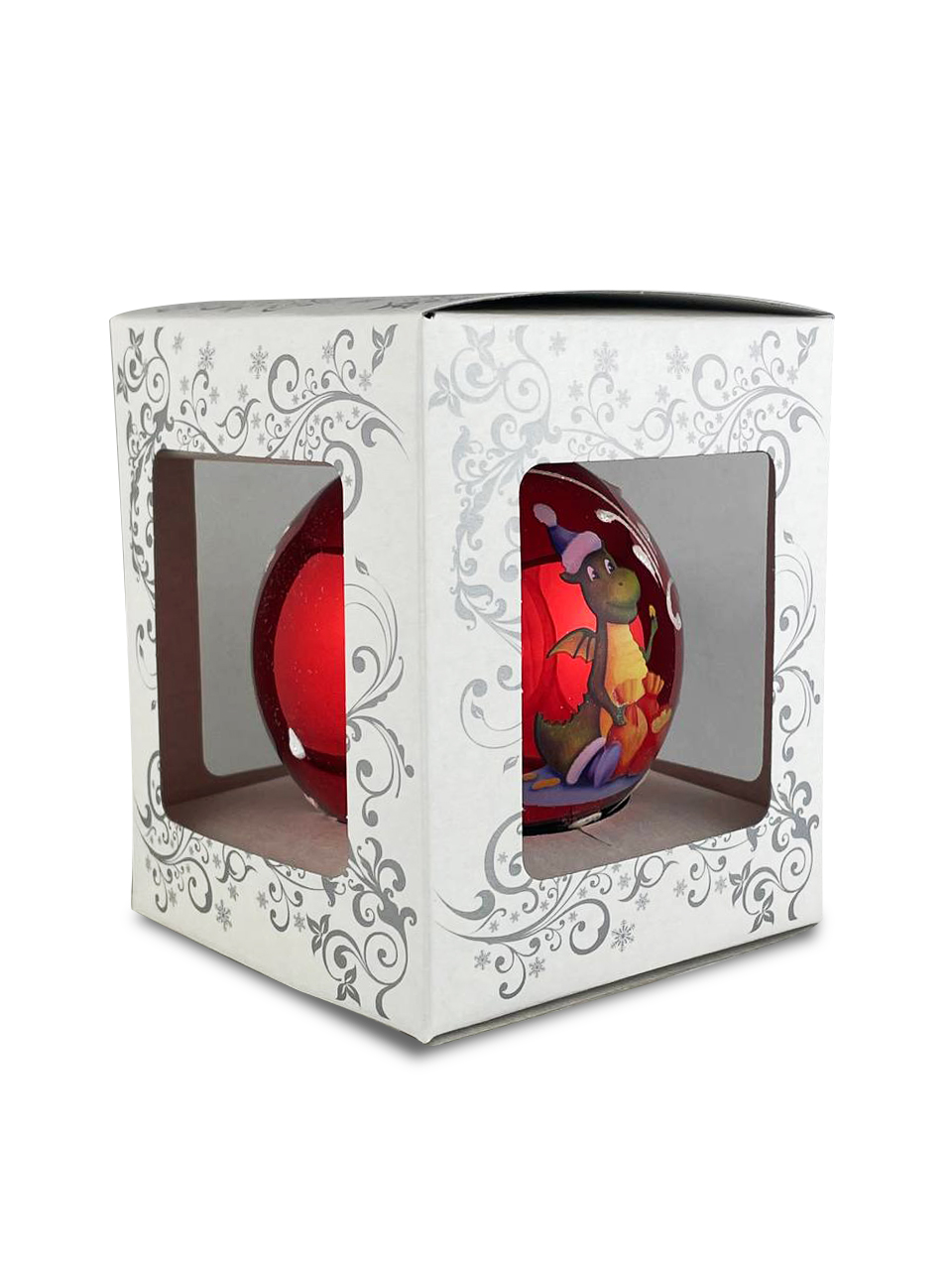 Елочная игрушка шар стеклянный (Символ года 2024) Дракончик  - банкир с монеткой (красный глянец) диаметр 80 мм