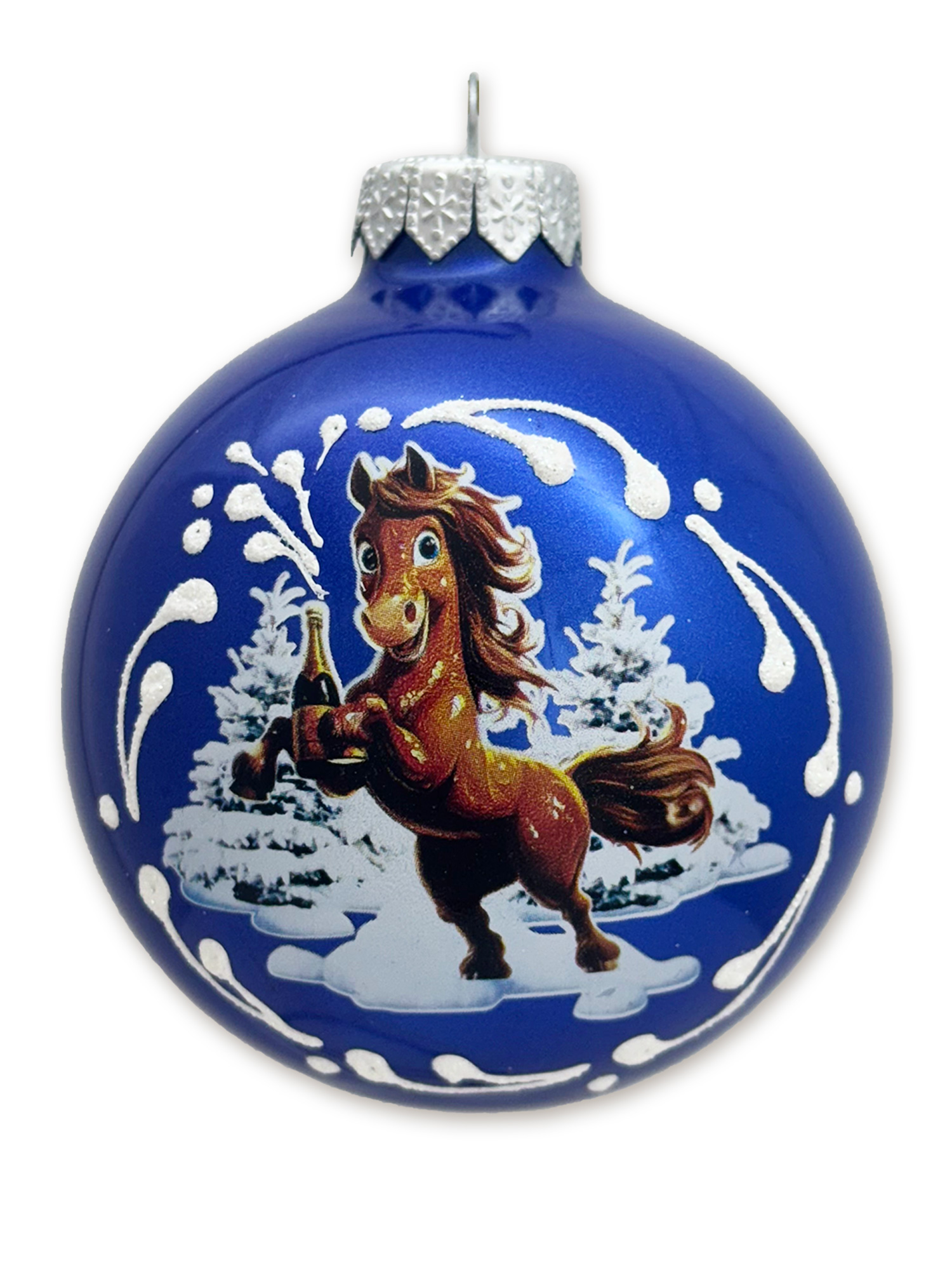 Лошадка с шампанским, шар 8см, голубой глянец