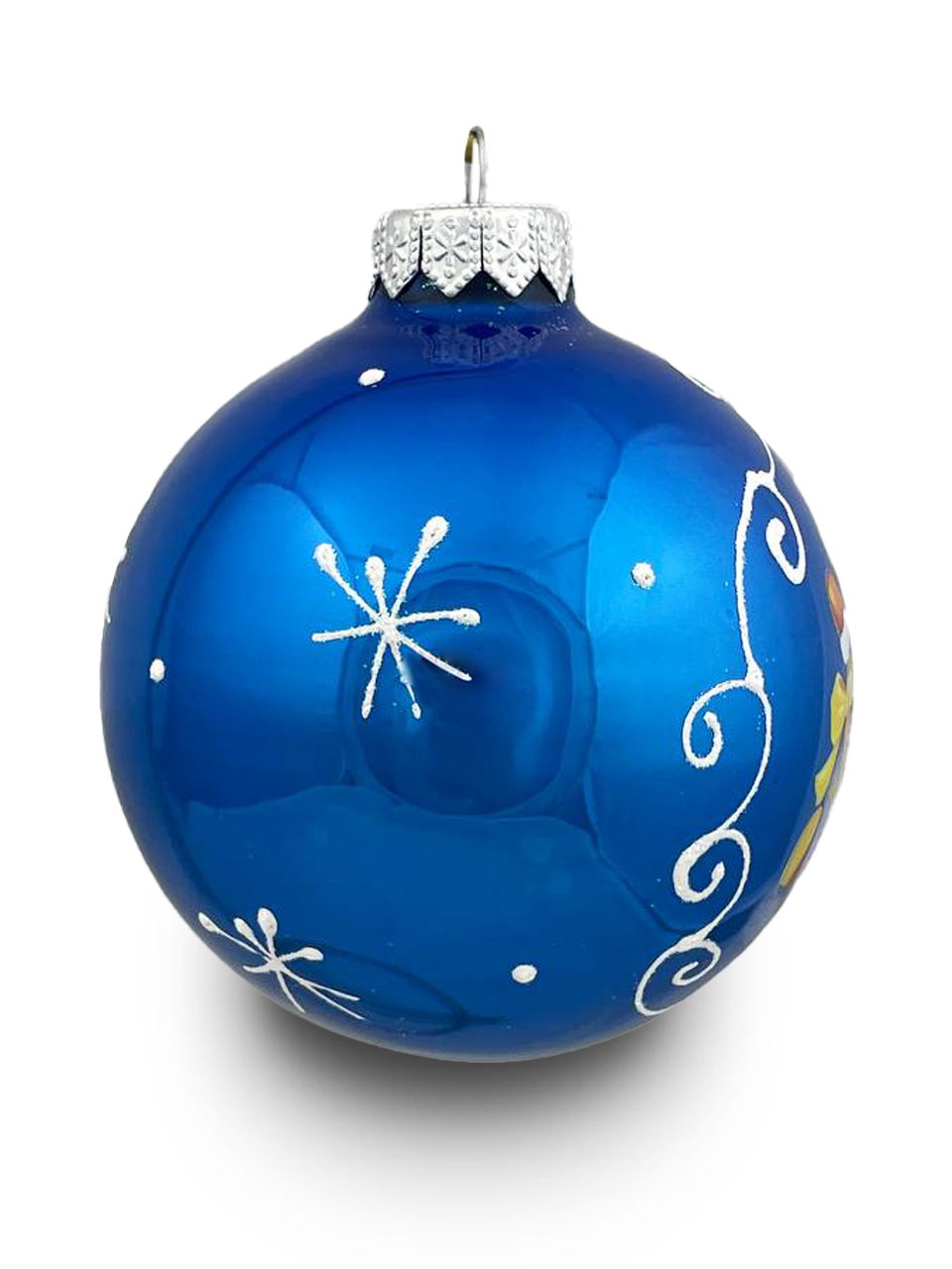 Елочная игрушка шар стеклянный (Символ года 2024) дракон с подарком (голубой глянец) диаметр 80 мм