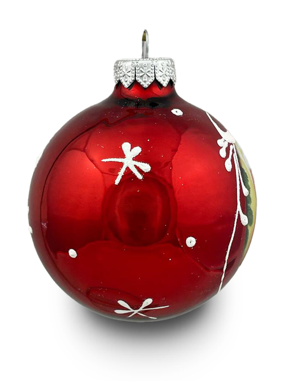 Елочная игрушка шар стеклянный (Символ года 2024) Дед Мороз дарит подарок дракону (красный глянец) диаметр 80 мм