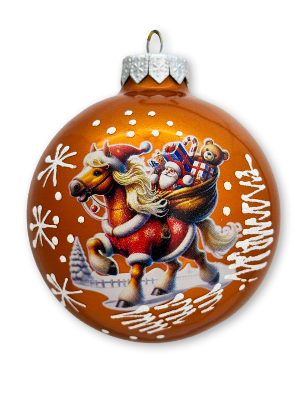 Лошадка с мешком подарков, шар 8см, золотой глянец