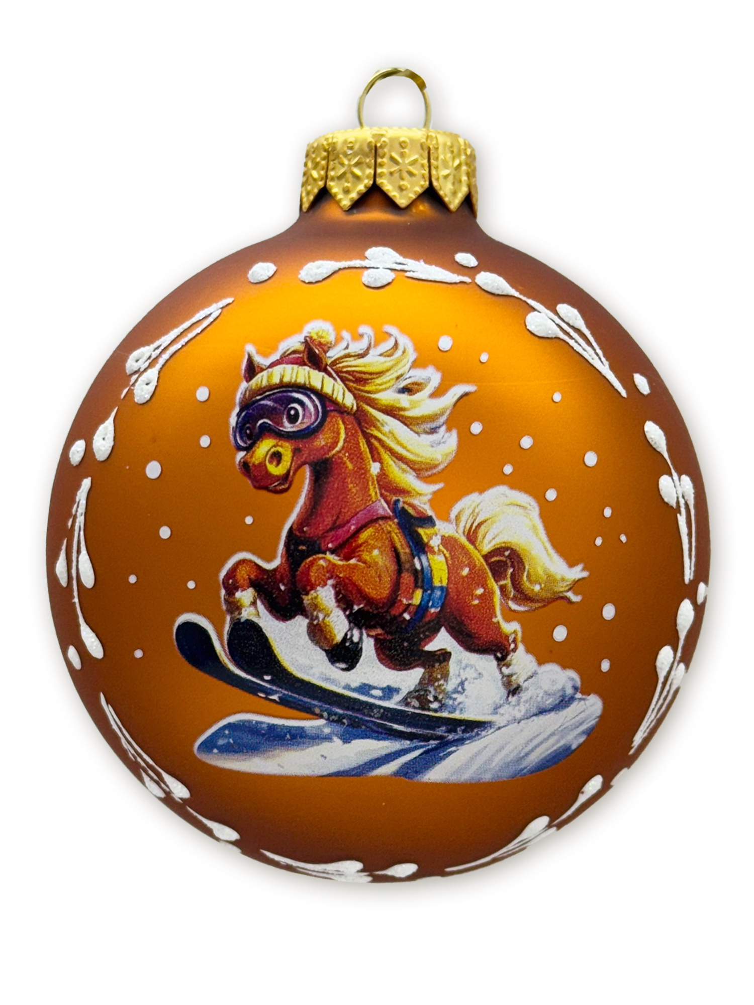 Лошадка лыжник, шар 8 см, золотой матовый