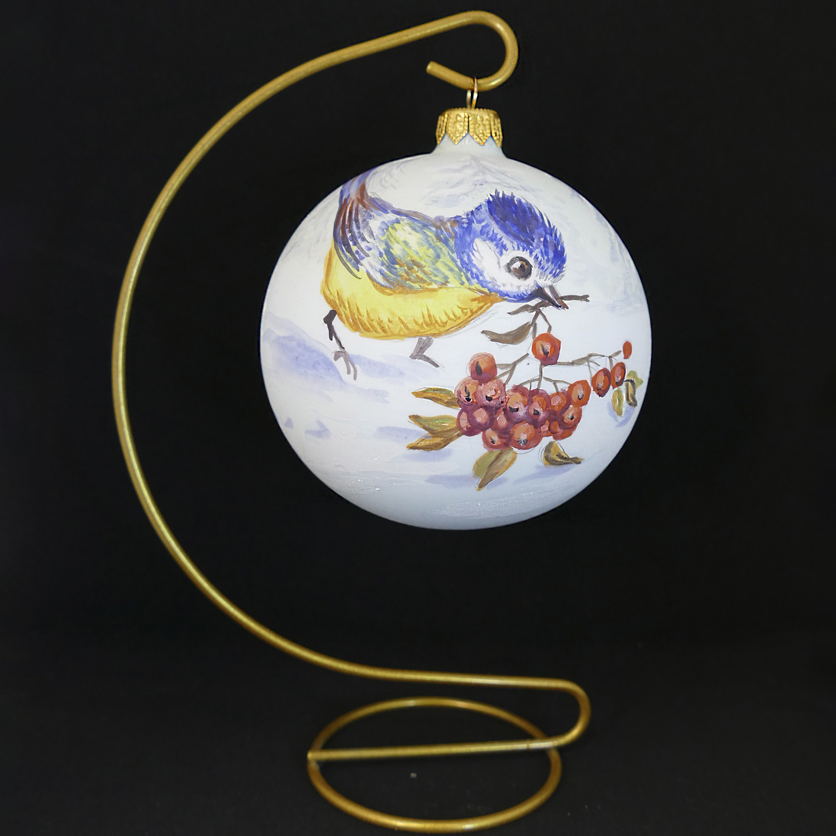 Елочная стеклянная игрушка Синичка с рябиной, шар, 10 см