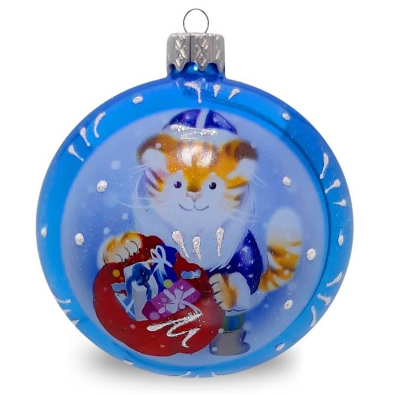 Елочный шар "Тигренок Дед Мороз" голубой