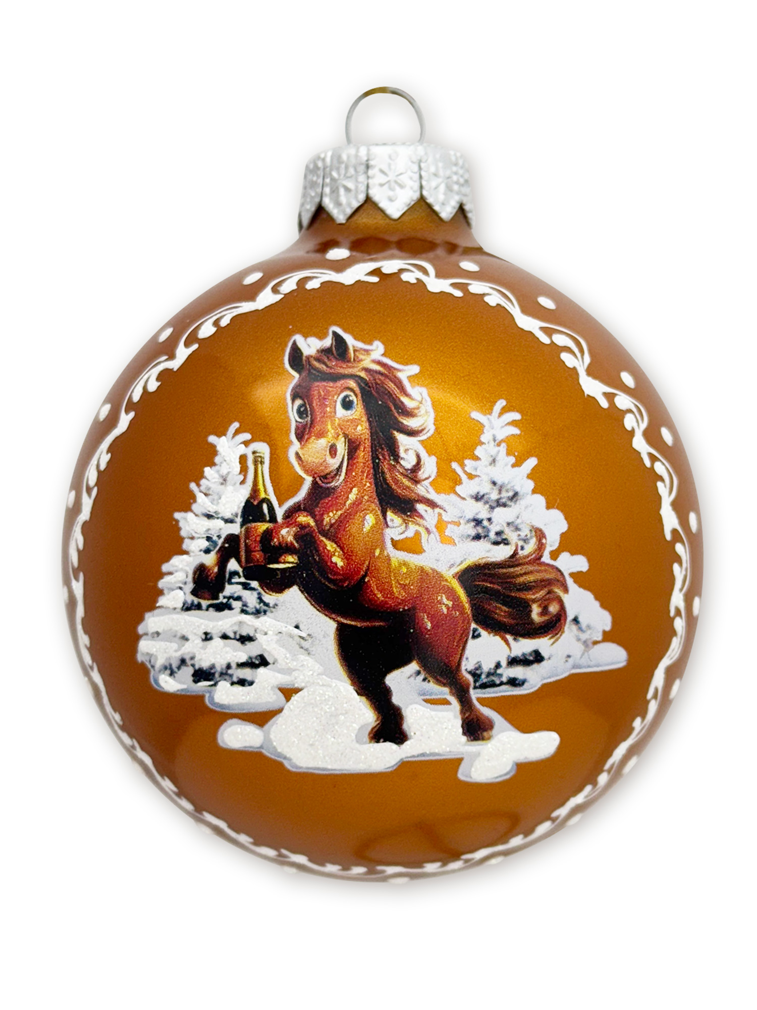 Лошадка с шампанским, шар 8см, золотой глянец