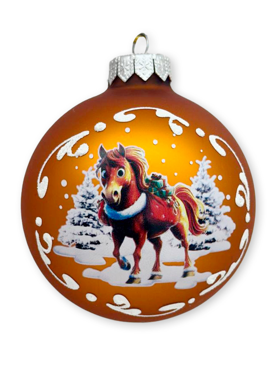 Лошадка в лесу, шар 8см, золотой матовый