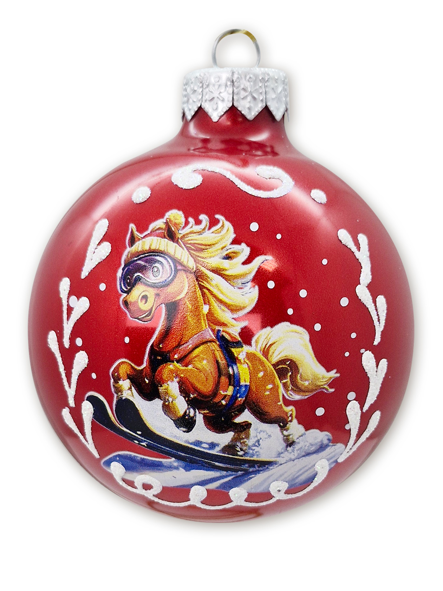 Лошадка лыжник, шар 8 см, красный металик