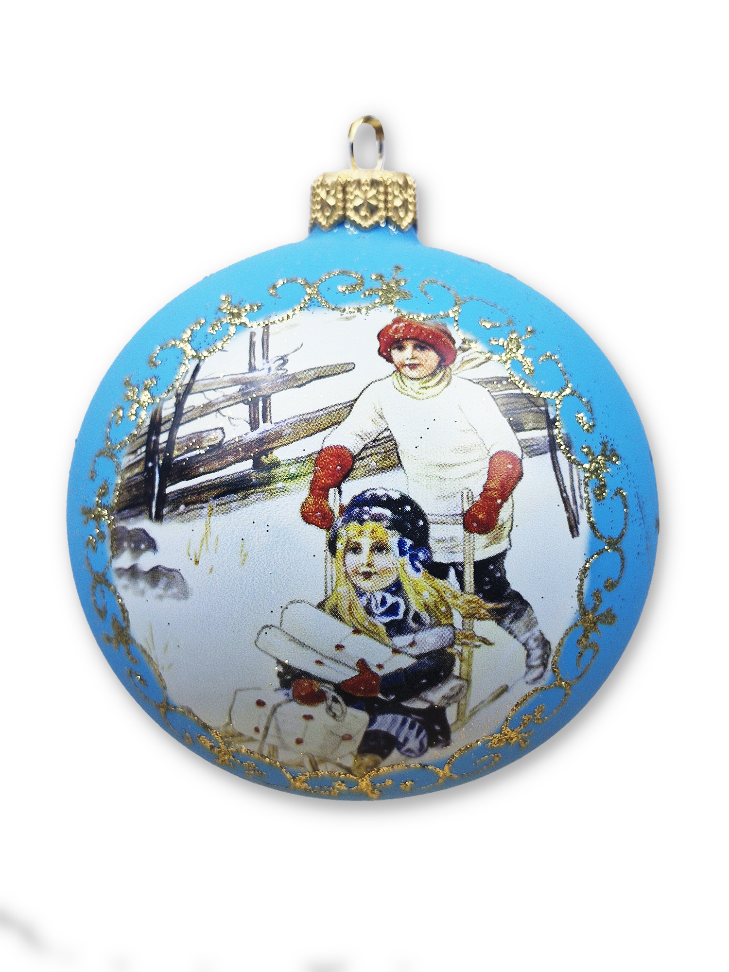 Девочка с подарками на санках, голубой