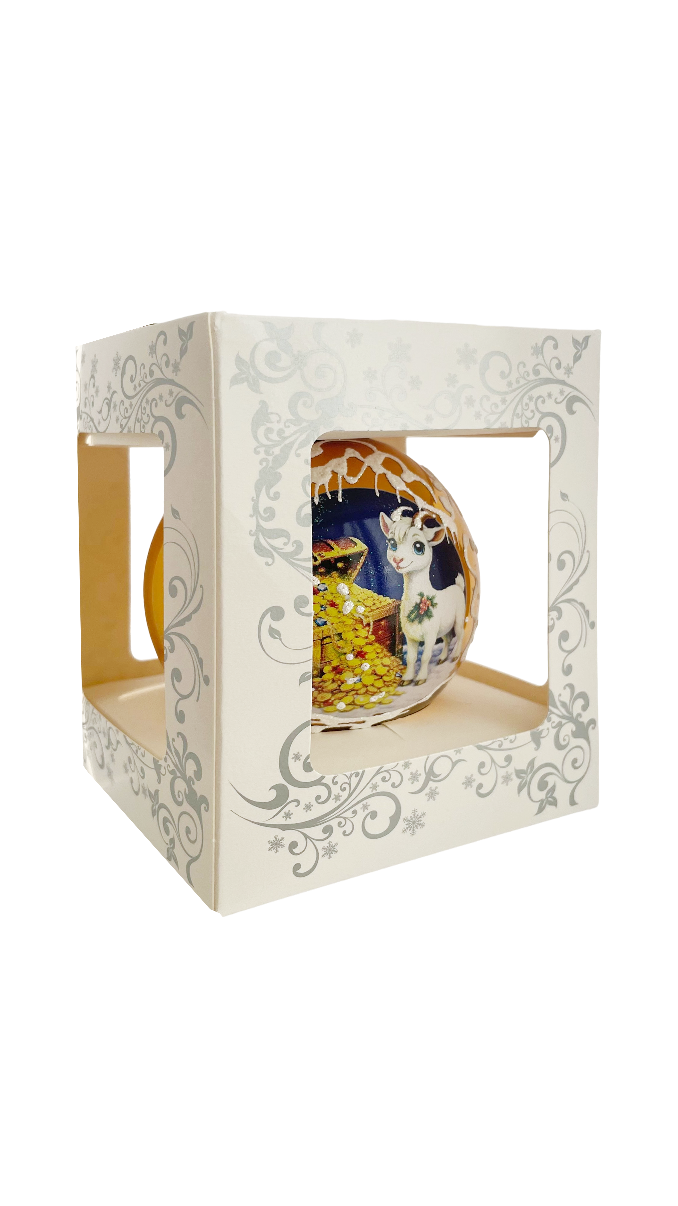 Козлик с сундуком, шар 8 см, золотой глянец