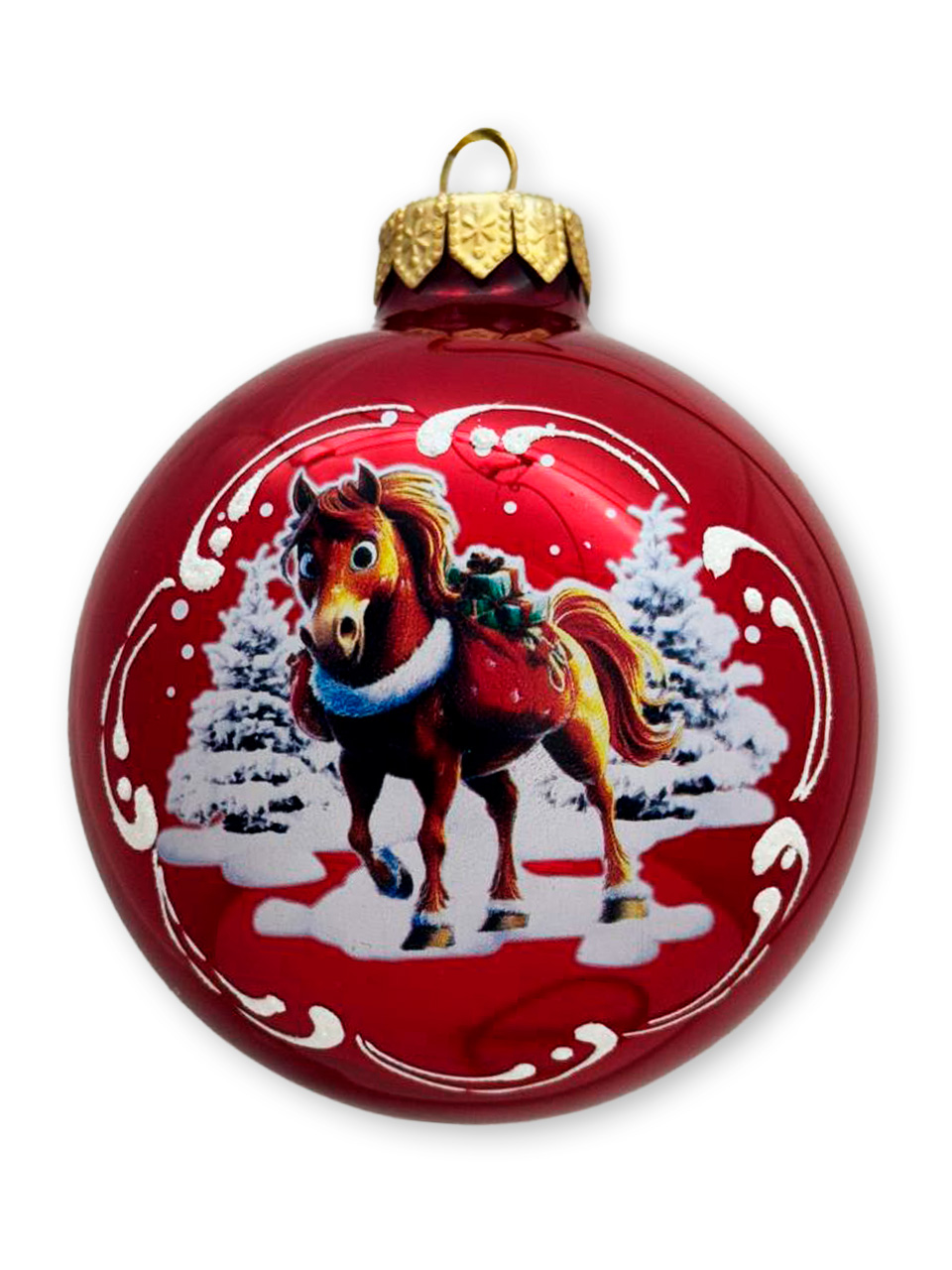 Лошадка в лесу, шар 8см, красный глянец