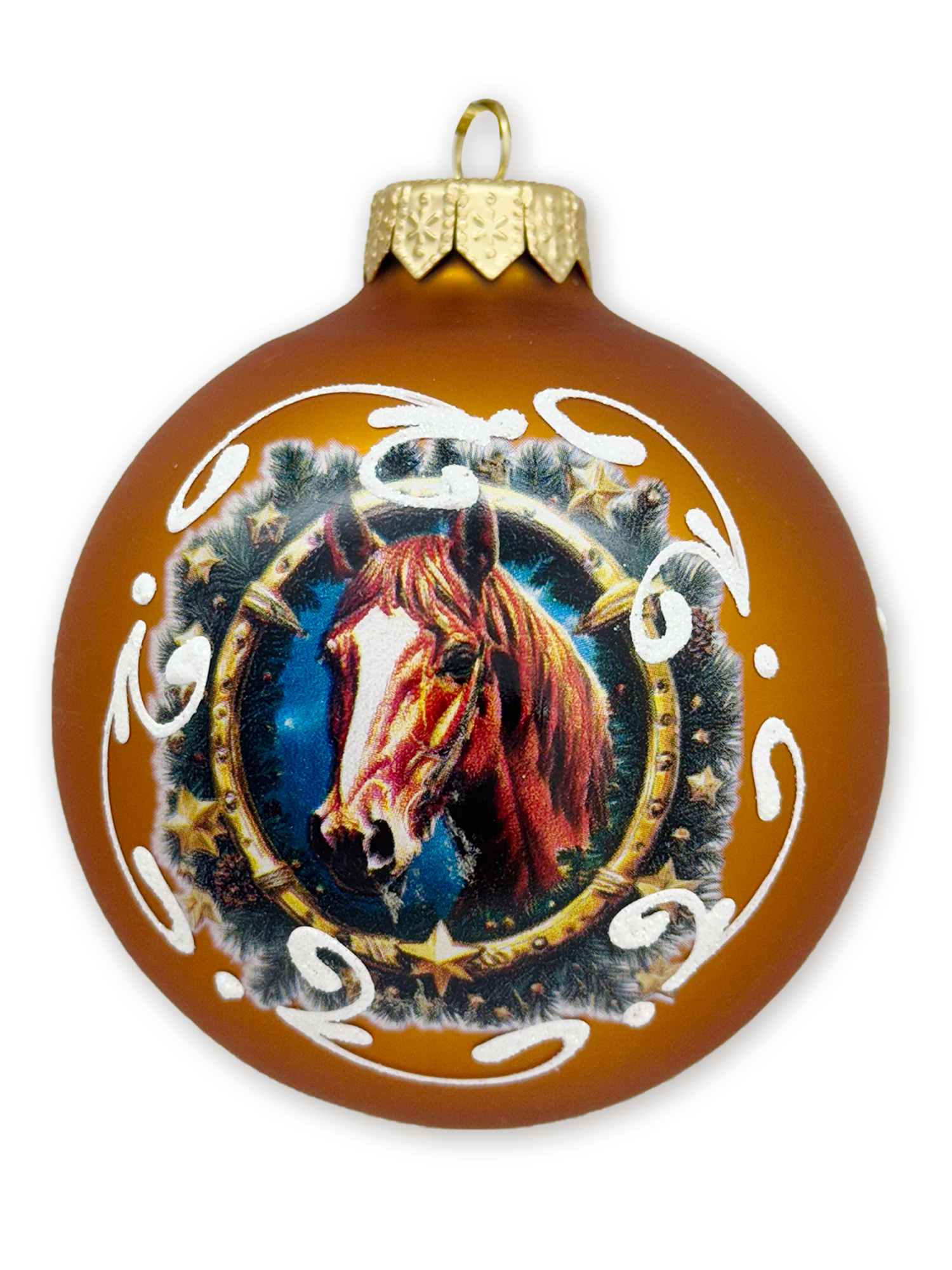 Лошадь в венке , шар 8 см, золотой матовый