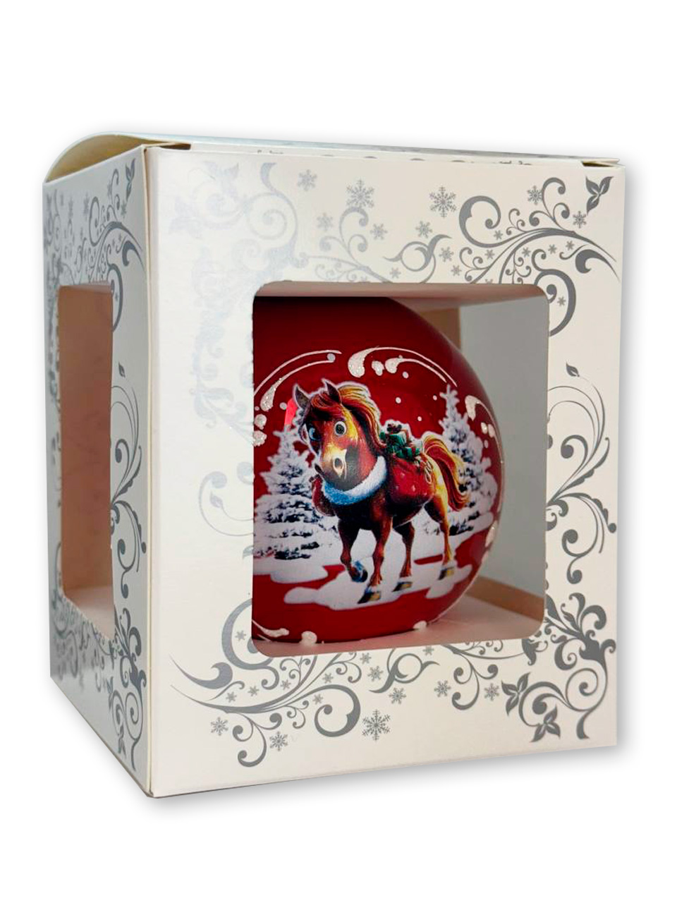 Лошадка в лесу, шар 8см, красный глянец